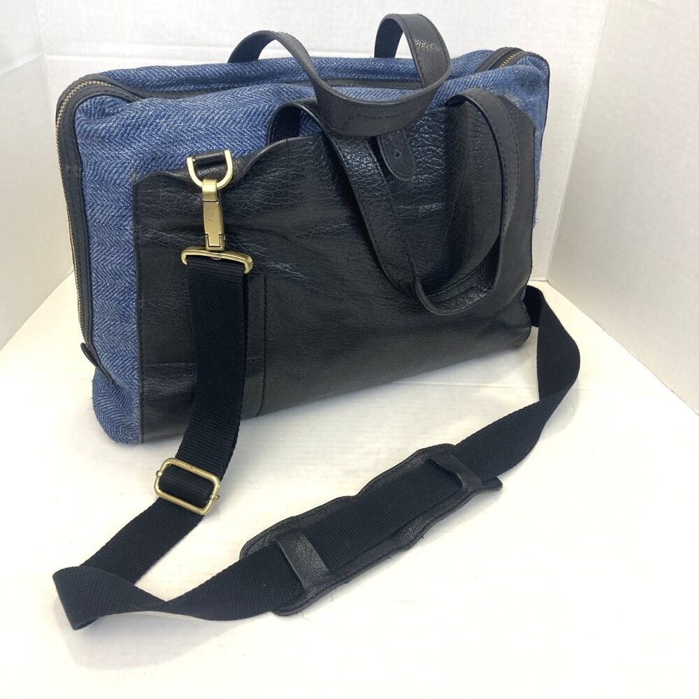 Suitsupply Vintage Calf Leather‎ Wool Messenger Bag Mens Blue Black Crossbody